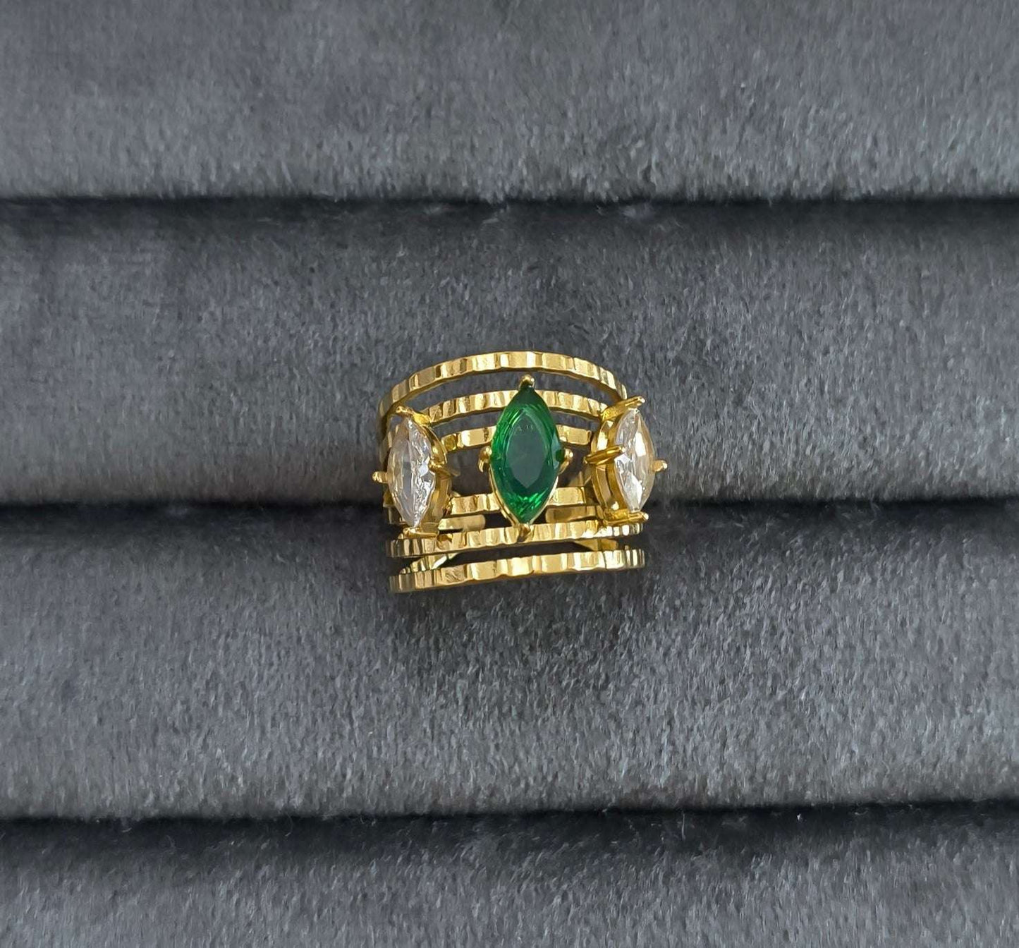 Antitarnish Emerald Diamond Multi Layered Ring 18K Gold Plated