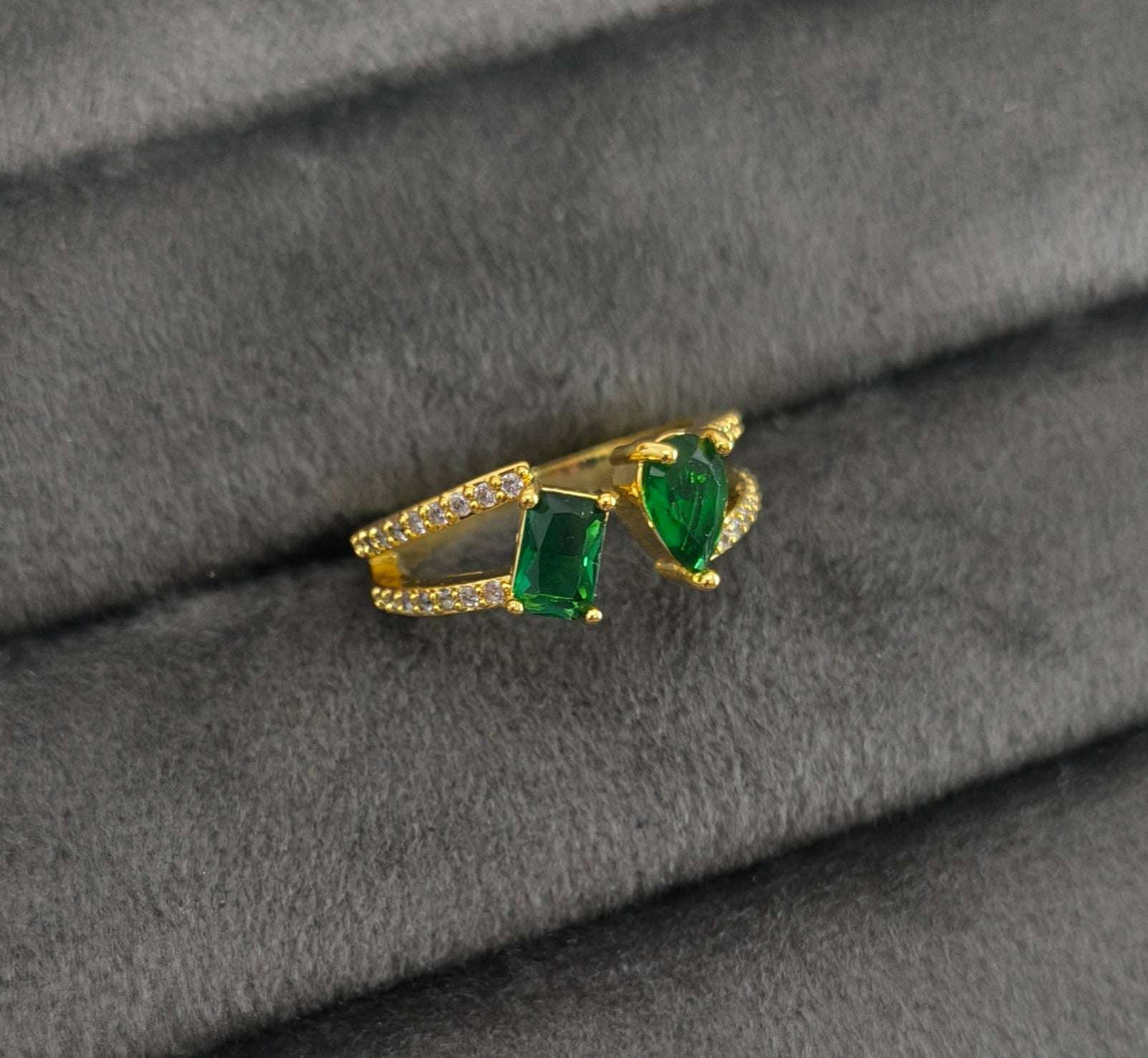 Antitarnish Emerald Green Dual Stone Ring 18K Gold Plated