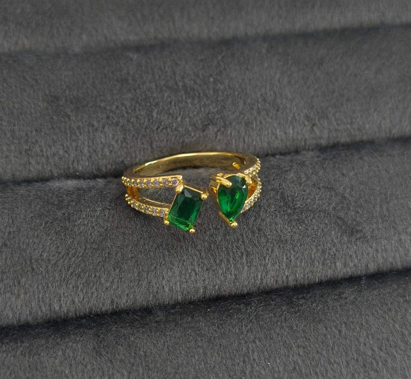 Antitarnish Emerald Green Dual Stone Ring 18K Gold Plated