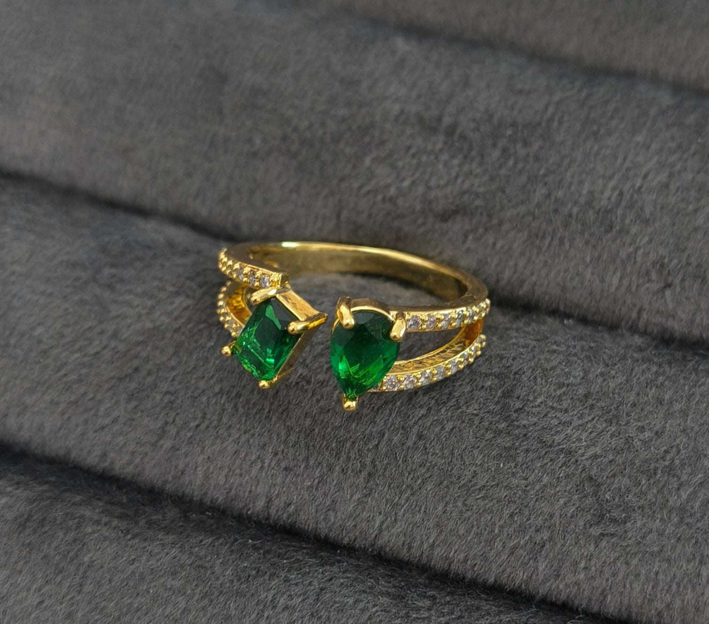 Antitarnish Emerald Green Dual Stone Ring 18K Gold Plated