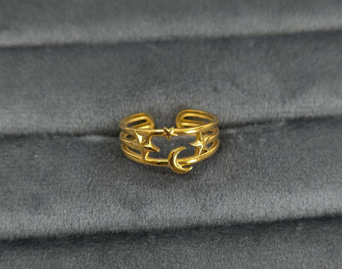 Antitarnish Golden Moon Stars Theme Ring 18K Gold Plated