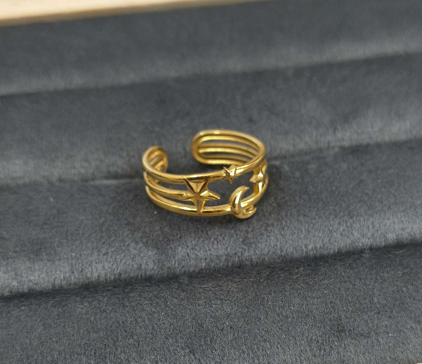Antitarnish Golden Moon Stars Theme Ring 18K Gold Plated