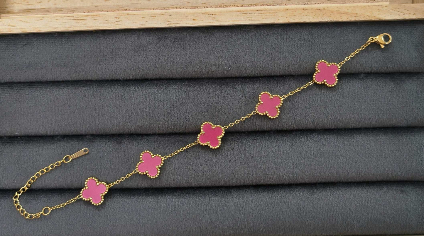 Antitarnish Reversible Dark Pink Clover Chain Bracelet