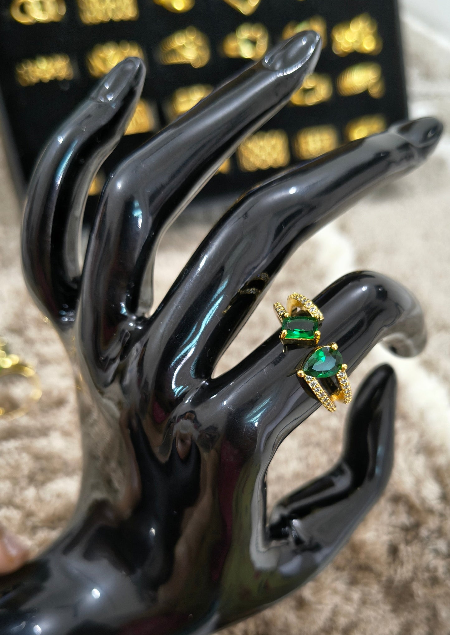 Antitarnish Emerald Green Dual Stone Ring 18K Gold Plated