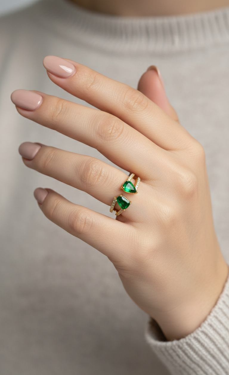 Antitarnish Emerald Green Dual Stone Ring 18K Gold Plated