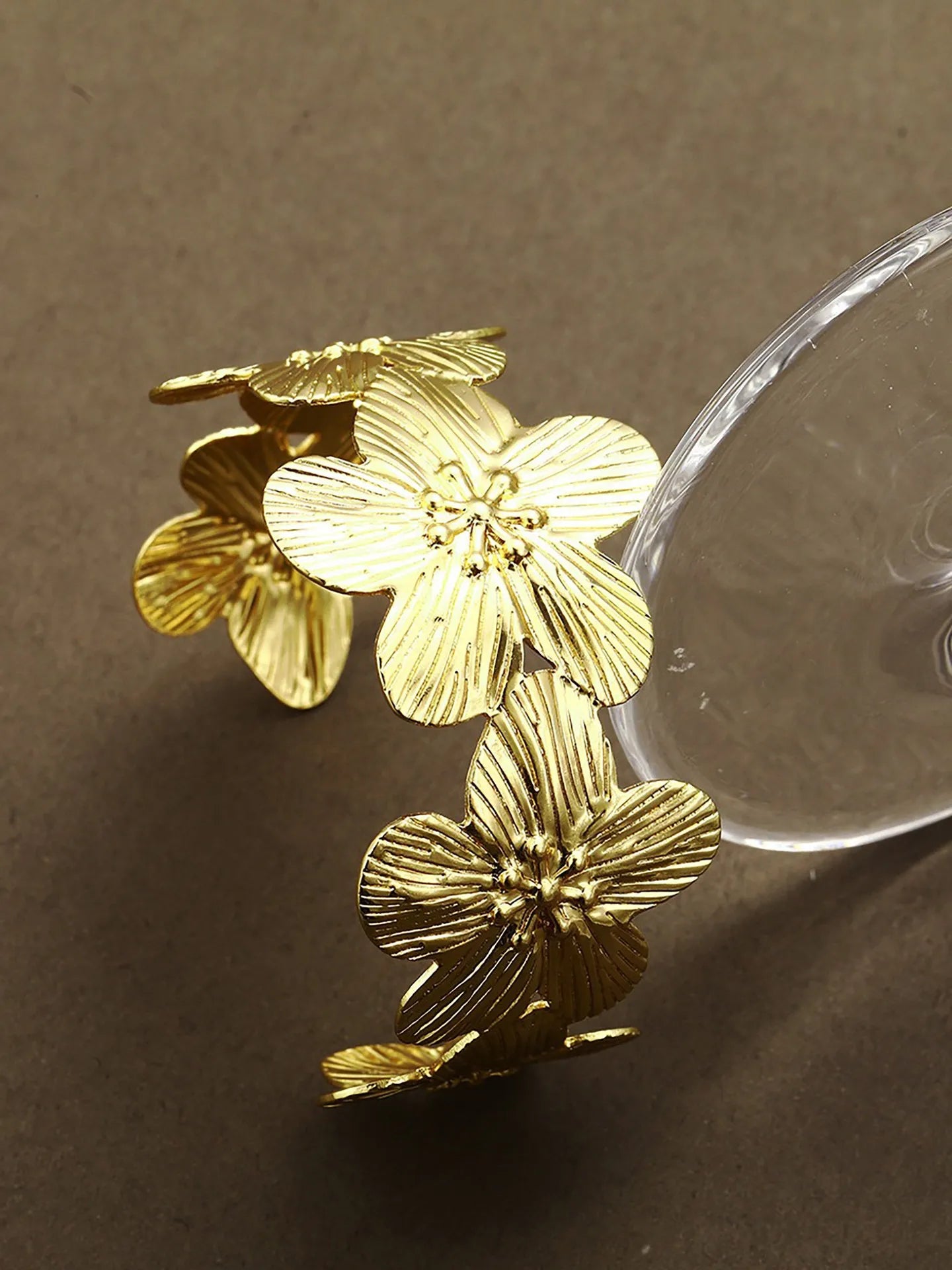 Antitarnish Floral Open Cuff Bracelet 18K Gold Plated