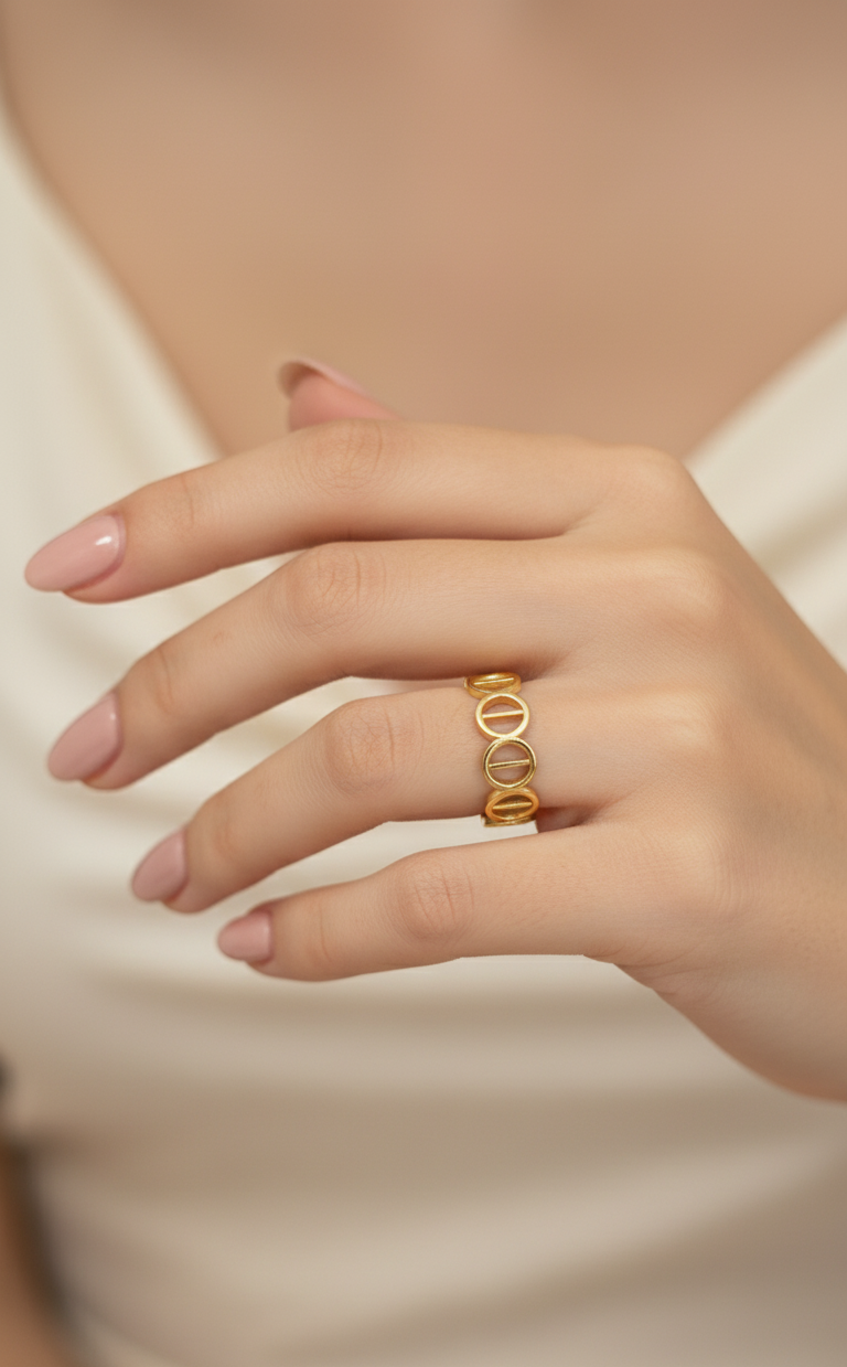 Antitarnish Golden Broad Chain Ring 18K Gold Plated