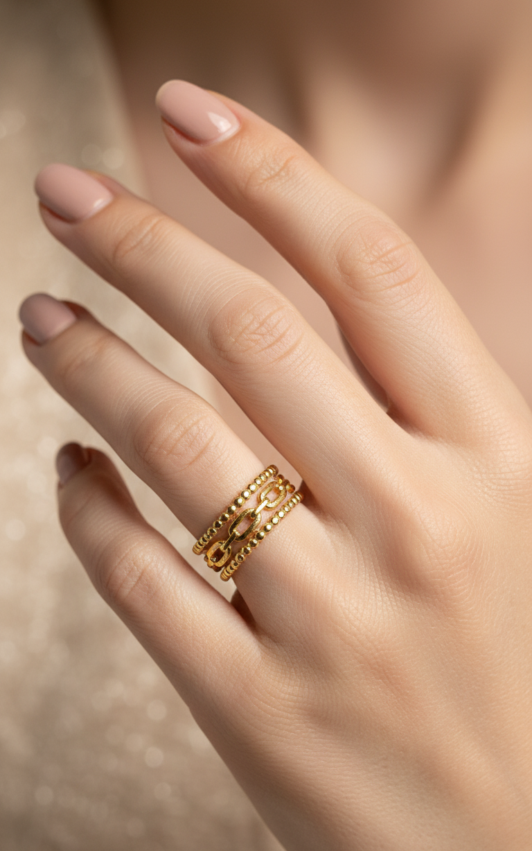 Antitarnish Golden Hollow Lock Chain Ring 18K Gold Plated