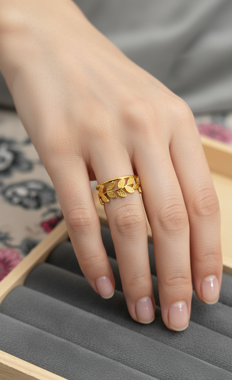 Antitarnish Golden Leaf Loop Ring 18K Gold Plated