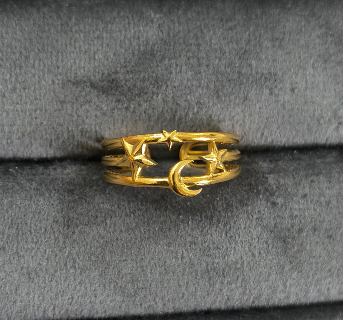 Antitarnish Golden Moon Stars Theme Ring 18K Gold Plated