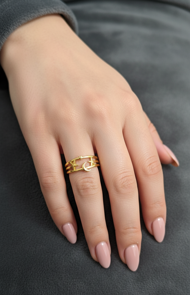 Antitarnish Golden Moon Stars Theme Ring 18K Gold Plated