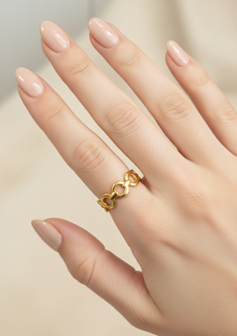 Antitarnish Golden Round Link Chain Ring 18K Gold Plated