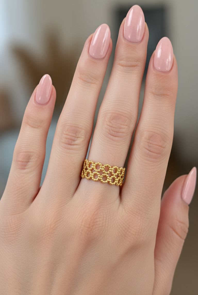 Antitarnish Golden Round Mesh Ring 18K Gold Plated