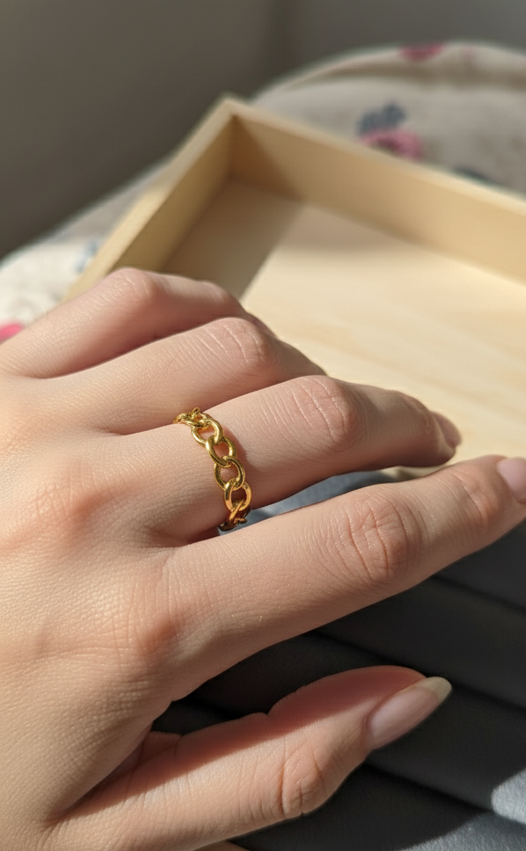 Antitarnish Golden Trendy Link Chain Ring 18K Gold Plated