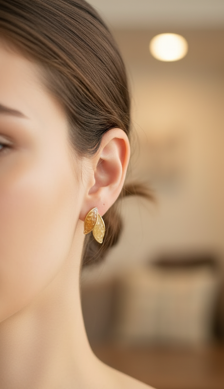 Antitarnish Leaf Shaped Soft Orange Crystal Stud Earrings