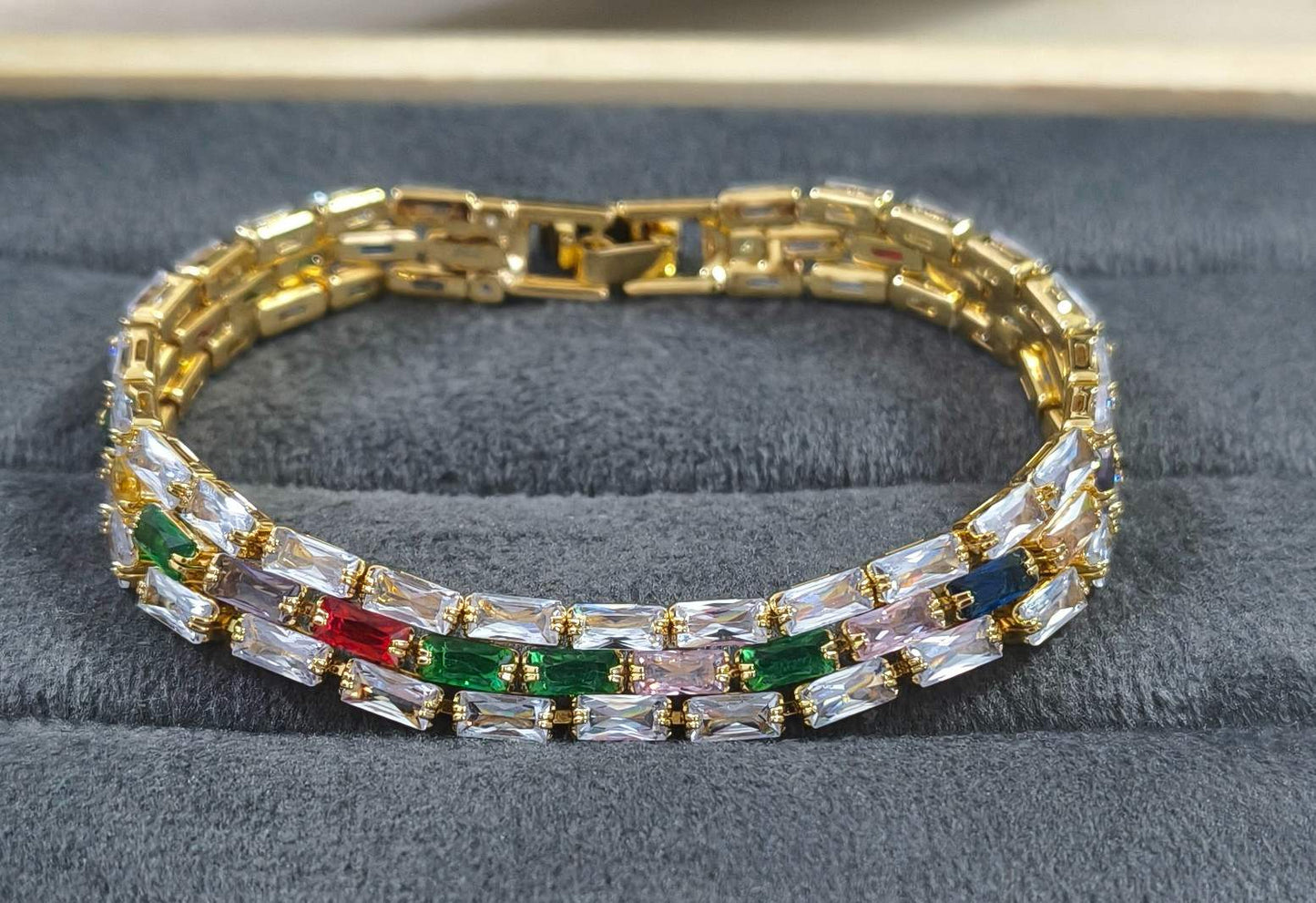 Antitarnish Multicolor Zircon Studded Tennis Bracelet !8K Gold Plated