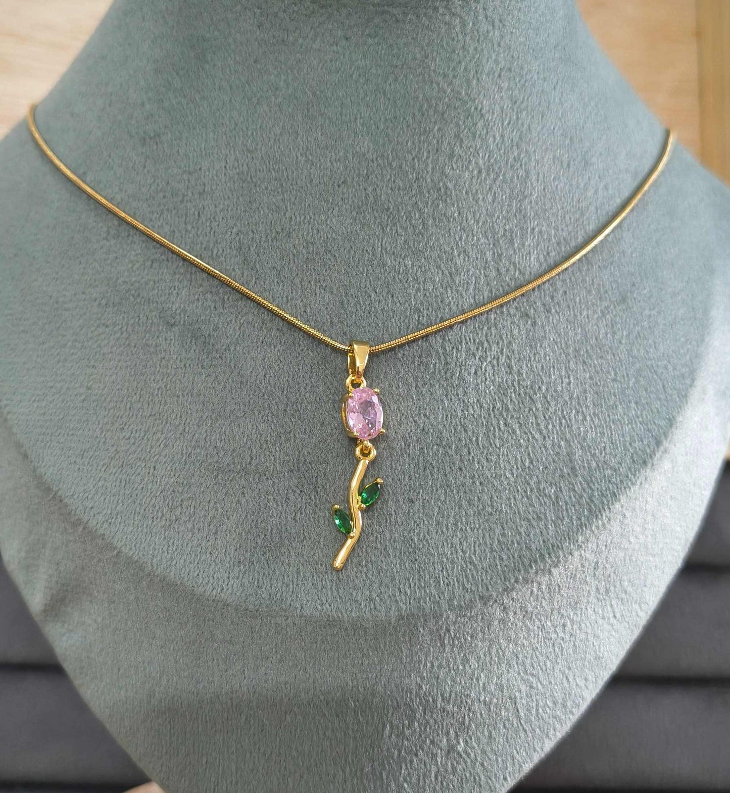 Antitarnish Necklace Pink Tulip Blossom Pendant 18K Gold Plated