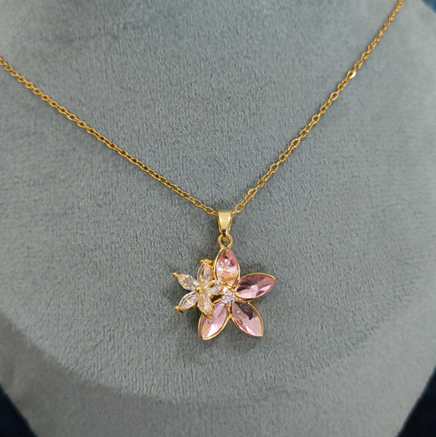 Antitarnish Pink Blossom Necklace 18K Gold plated