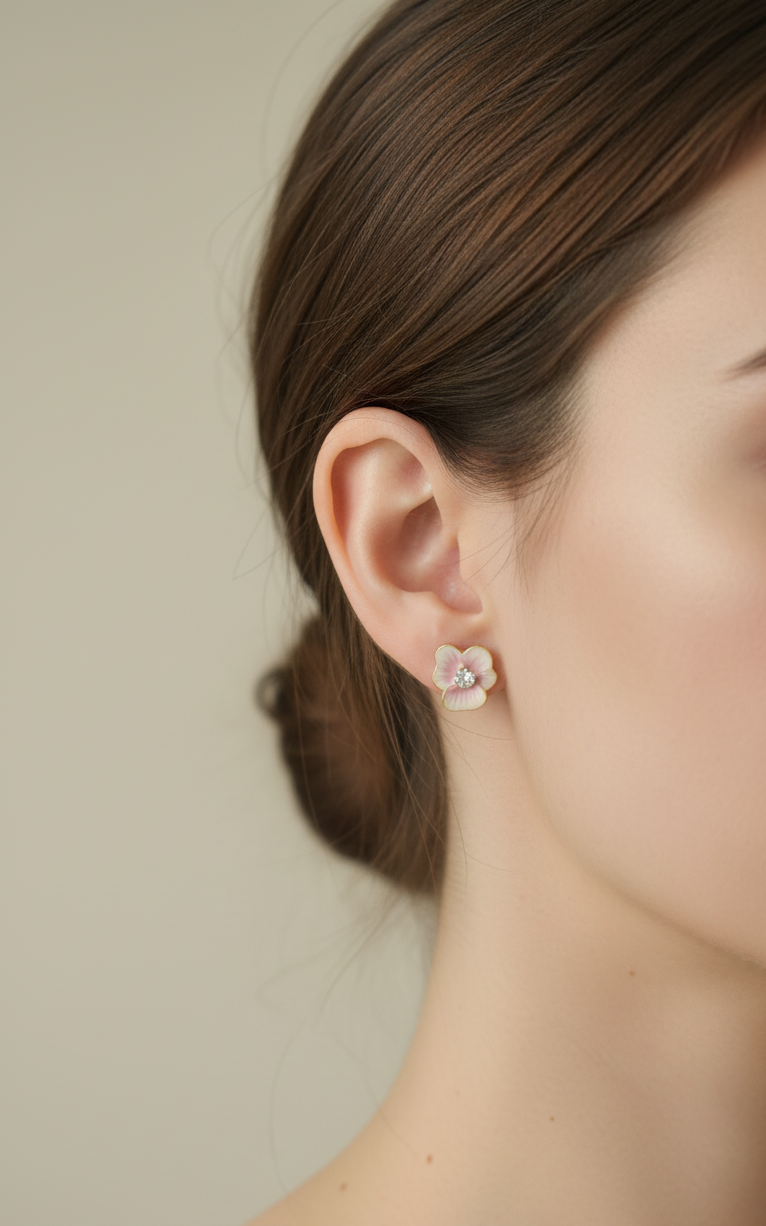 Antitarnish Pink Flower Stud Enamel Earrings