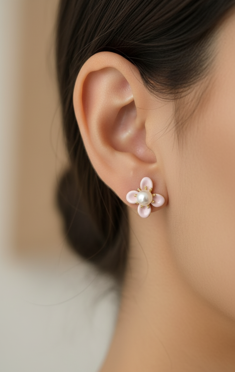 Antitarnish Pink Pearl and Flower Stud Earrings