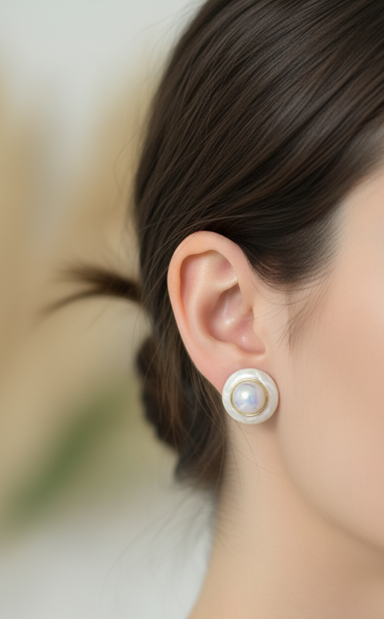 Antitarnish Round Shaped Pearl Enamel Stud Earrings