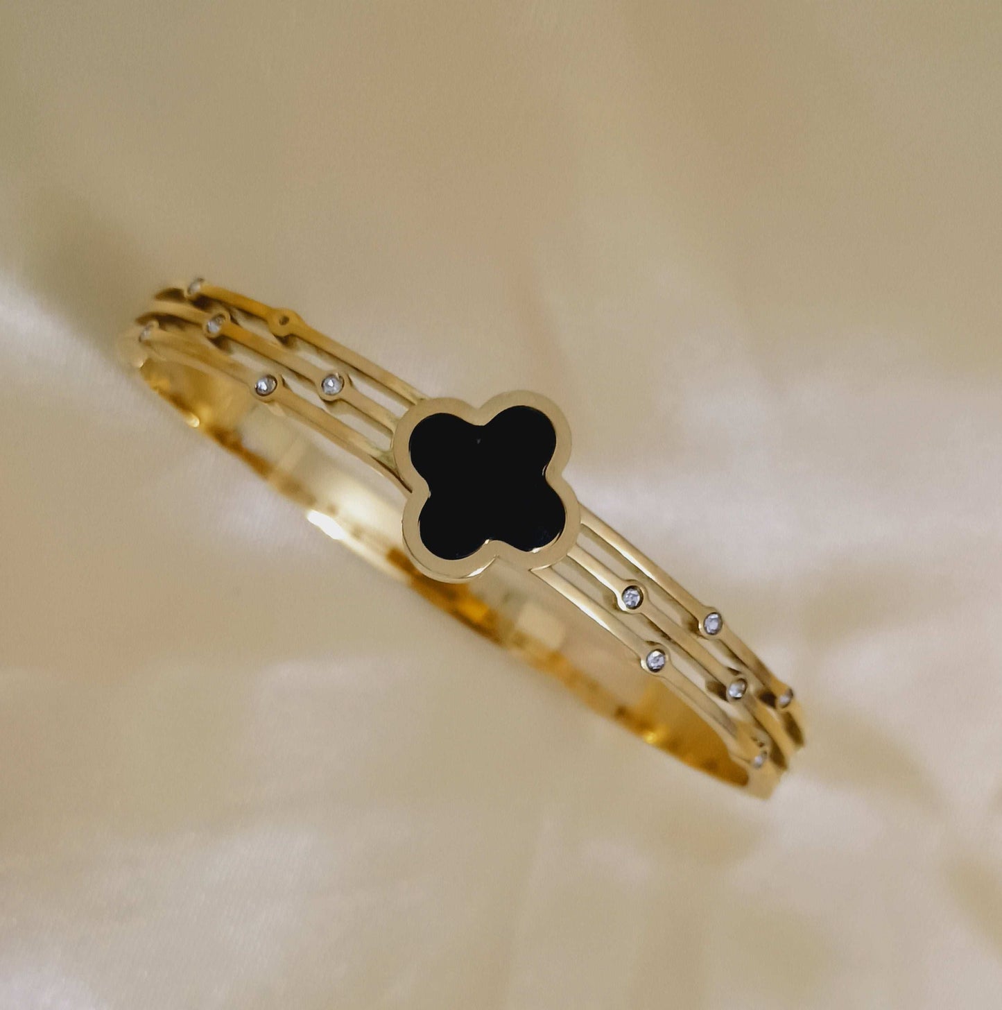 Anti tarnish Stylish Black clover and diamond Studded Cuff Bangle Bracelet - Urban Era Jewel