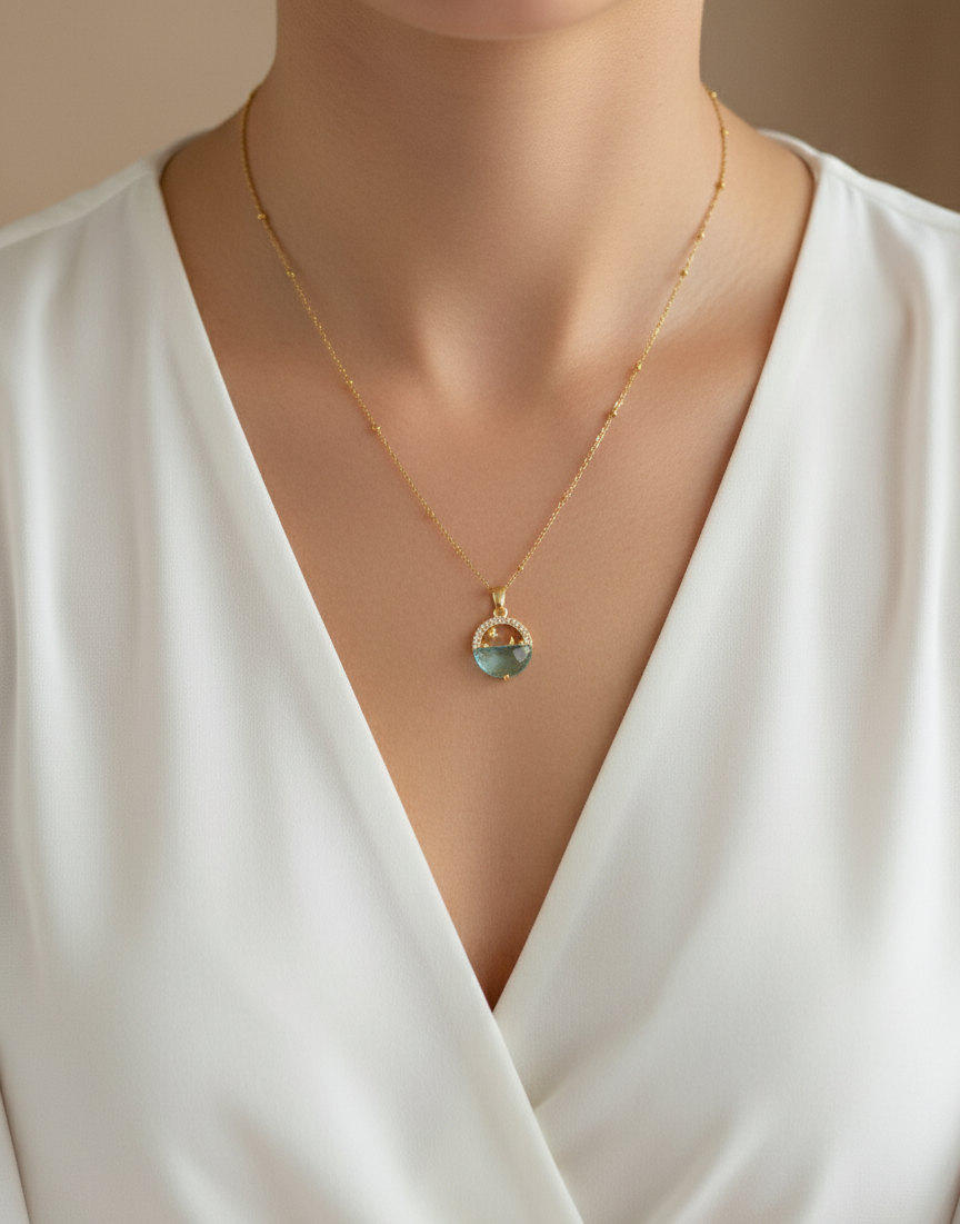 Blue Water Moon Stars Pendent Necklace 18K Gold Plated