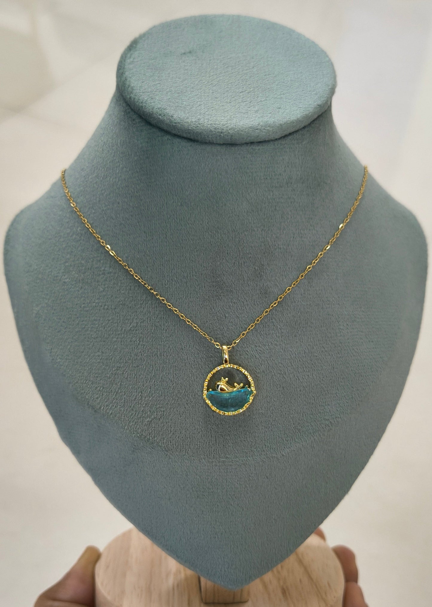 Blue Water and Whale Pendant Necklace 18K Gold Plated