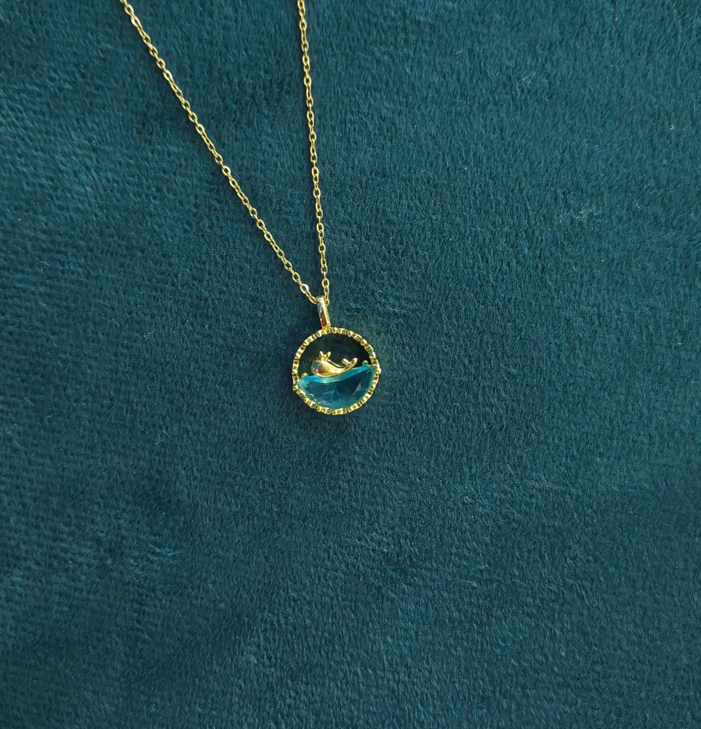 Blue Water and Whale Pendant Necklace 18K Gold Plated
