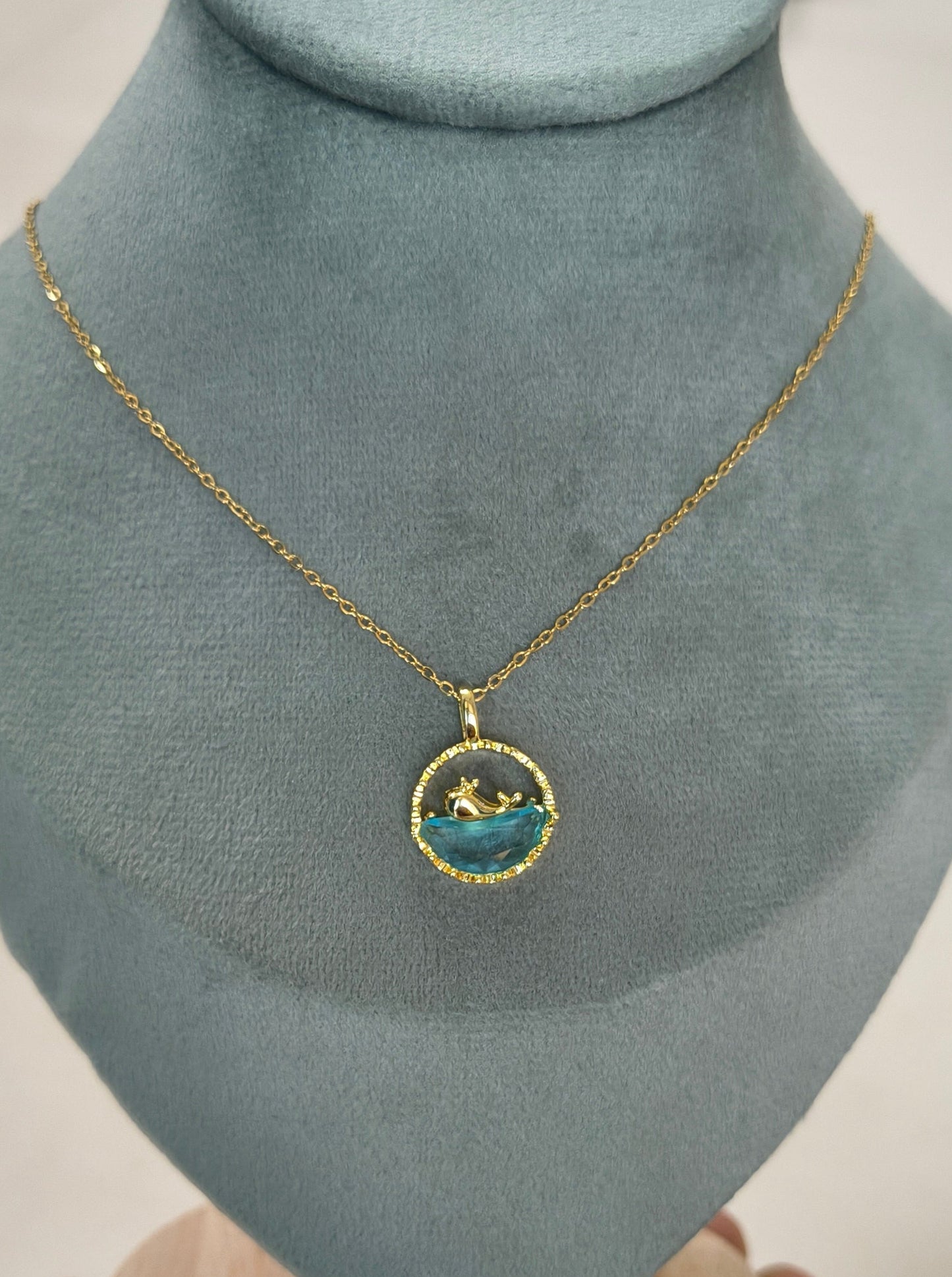 Blue Water and Whale Pendant Necklace 18K Gold Plated