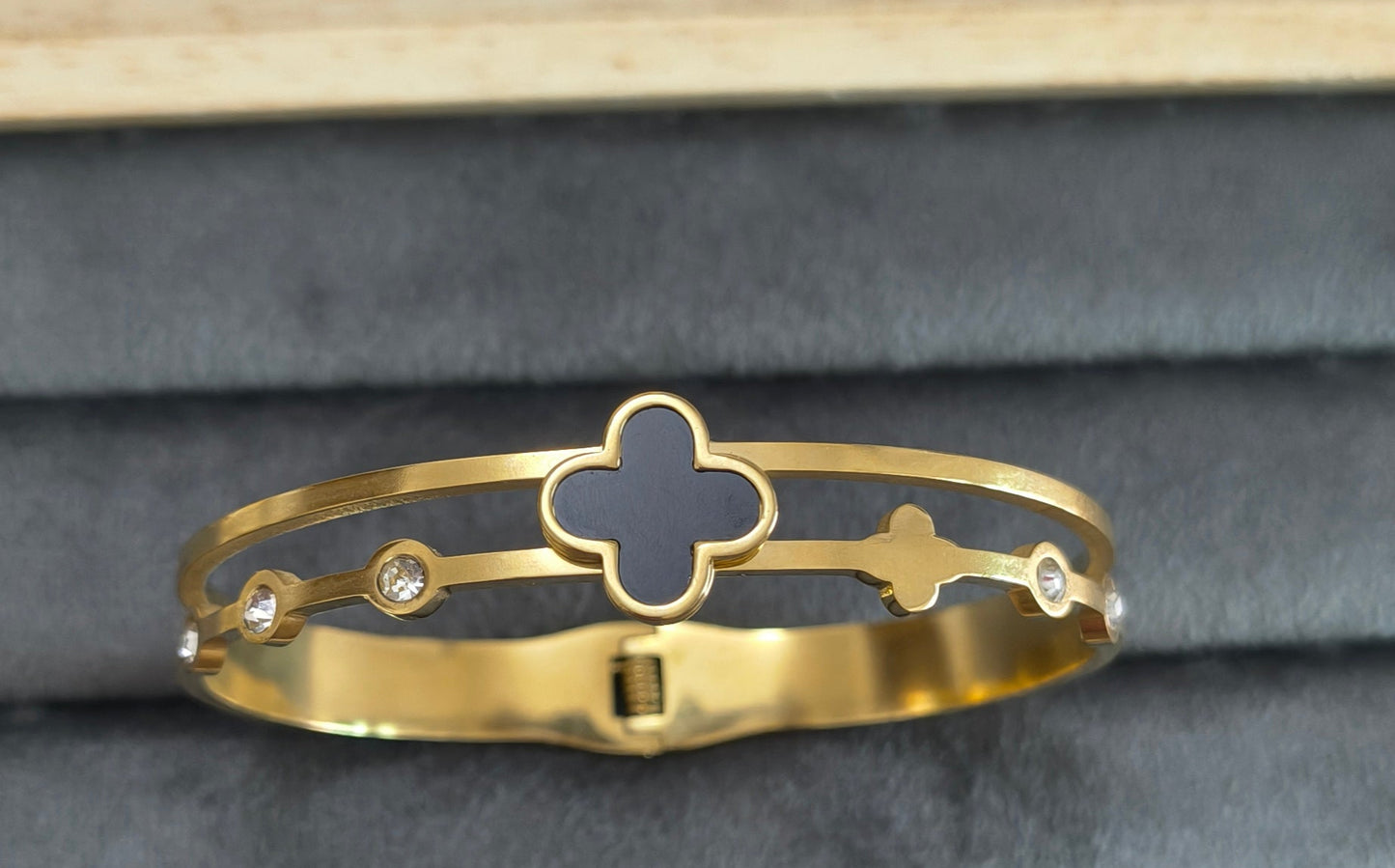 Classic Black Clover and Stone Studded 18K Gold Plated Bracelet