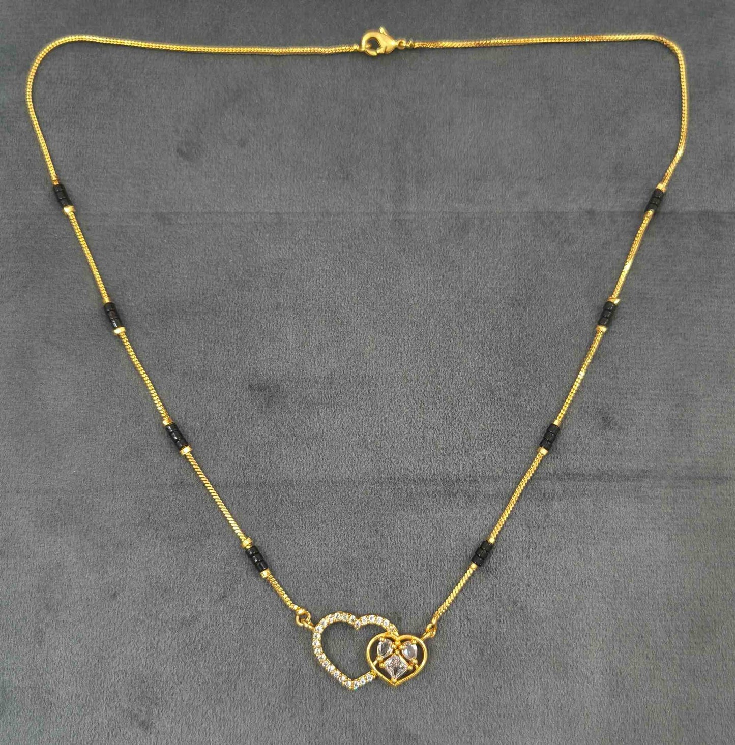 Daily Wear Black Beaded Dual Diamond Heart Pendant Mangalsutra