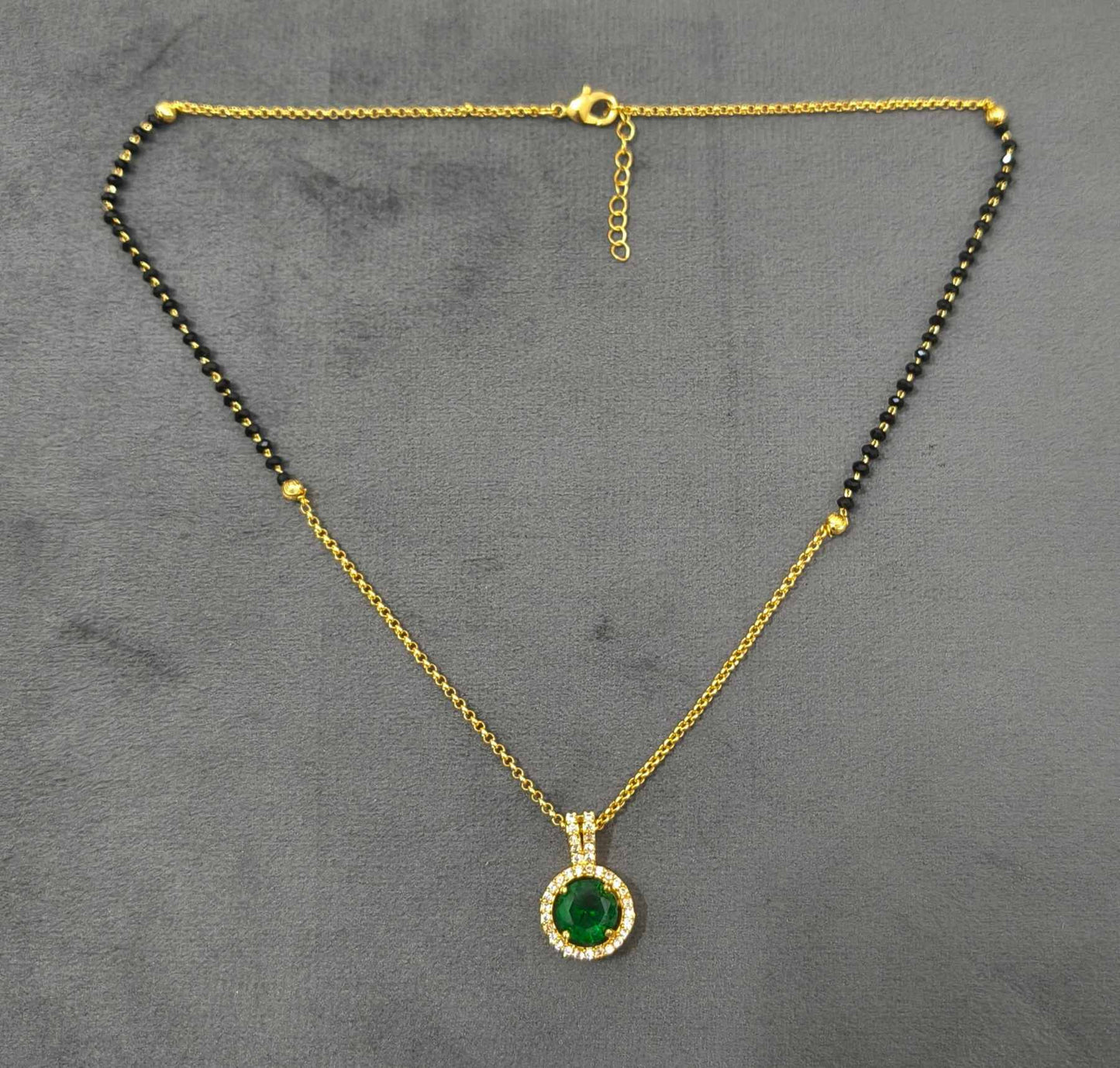 Daily Wear Black Beaded Green Stone Pendant Mangalsutra