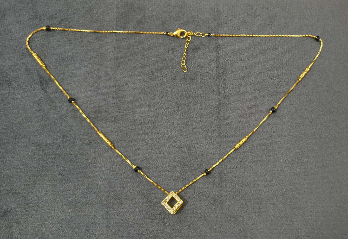 Daily Wear Black Beaded Hollow Square AD Pendant Mangalsutra