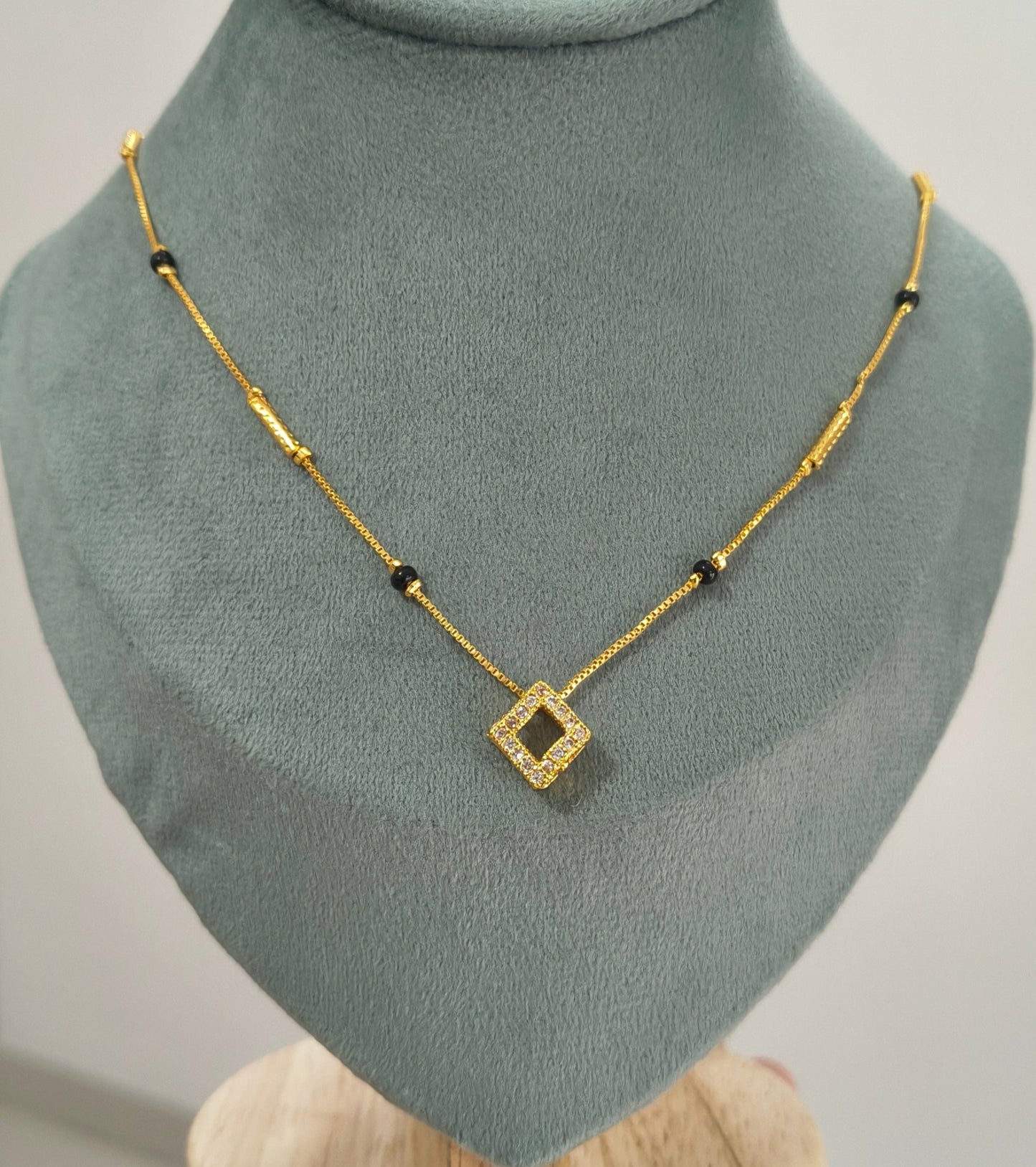 Daily Wear Black Beaded Hollow Square AD Pendant Mangalsutra