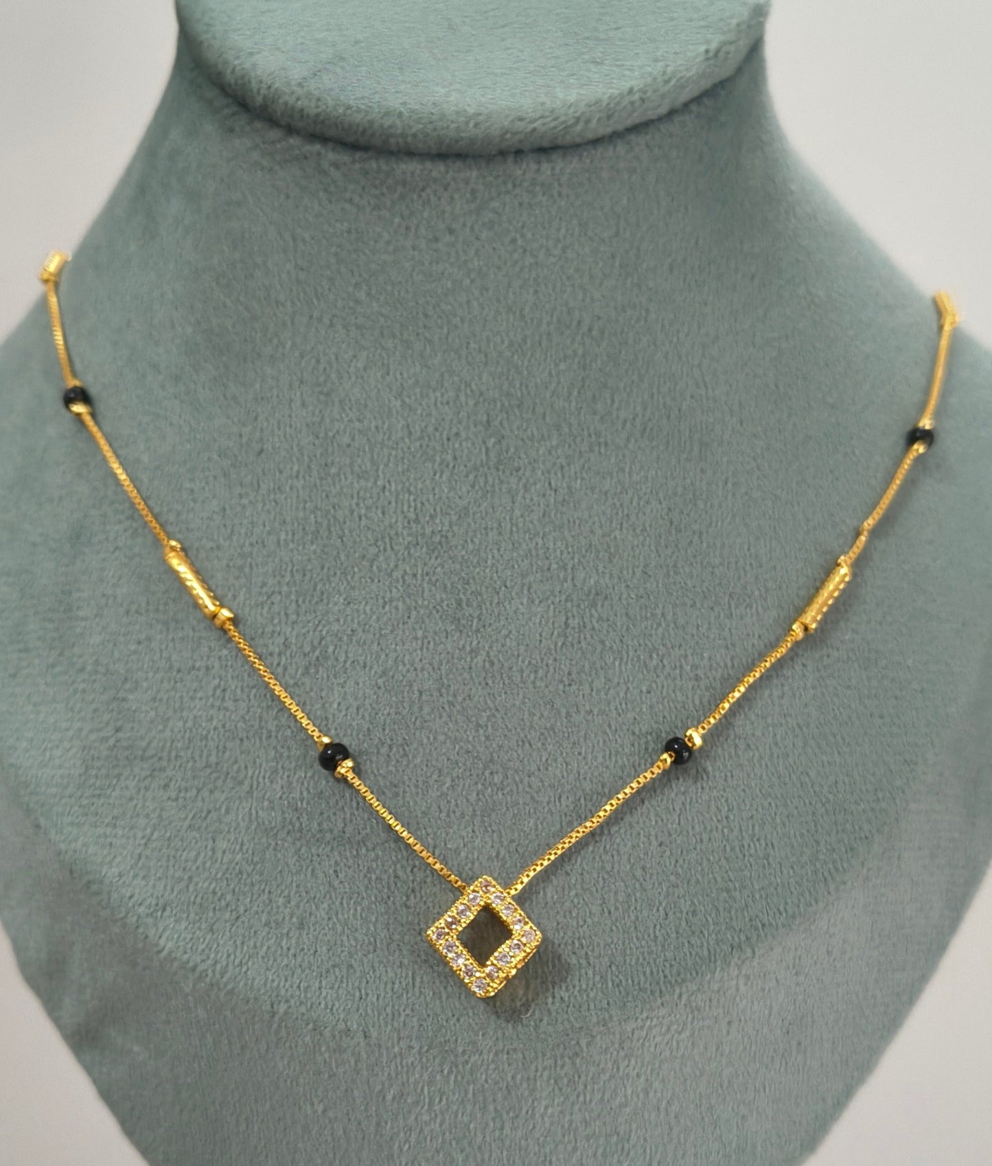 Daily Wear Black Beaded Hollow Square AD Pendant Mangalsutra