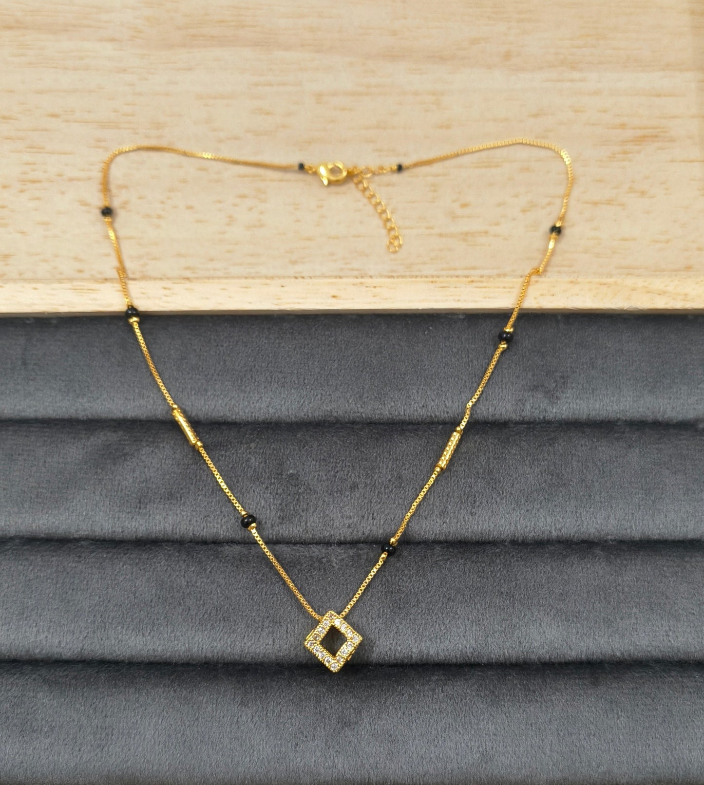 Daily Wear Black Beaded Hollow Square AD Pendant Mangalsutra