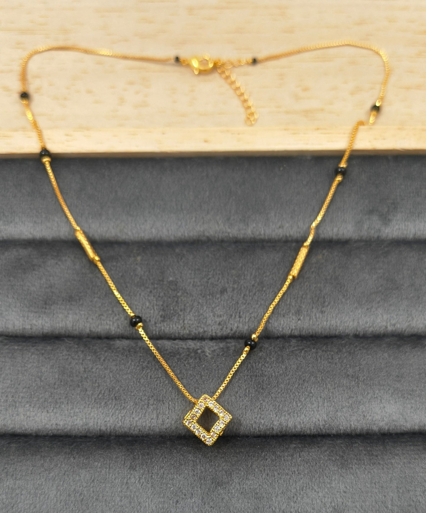 Daily Wear Black Beaded Hollow Square AD Pendant Mangalsutra