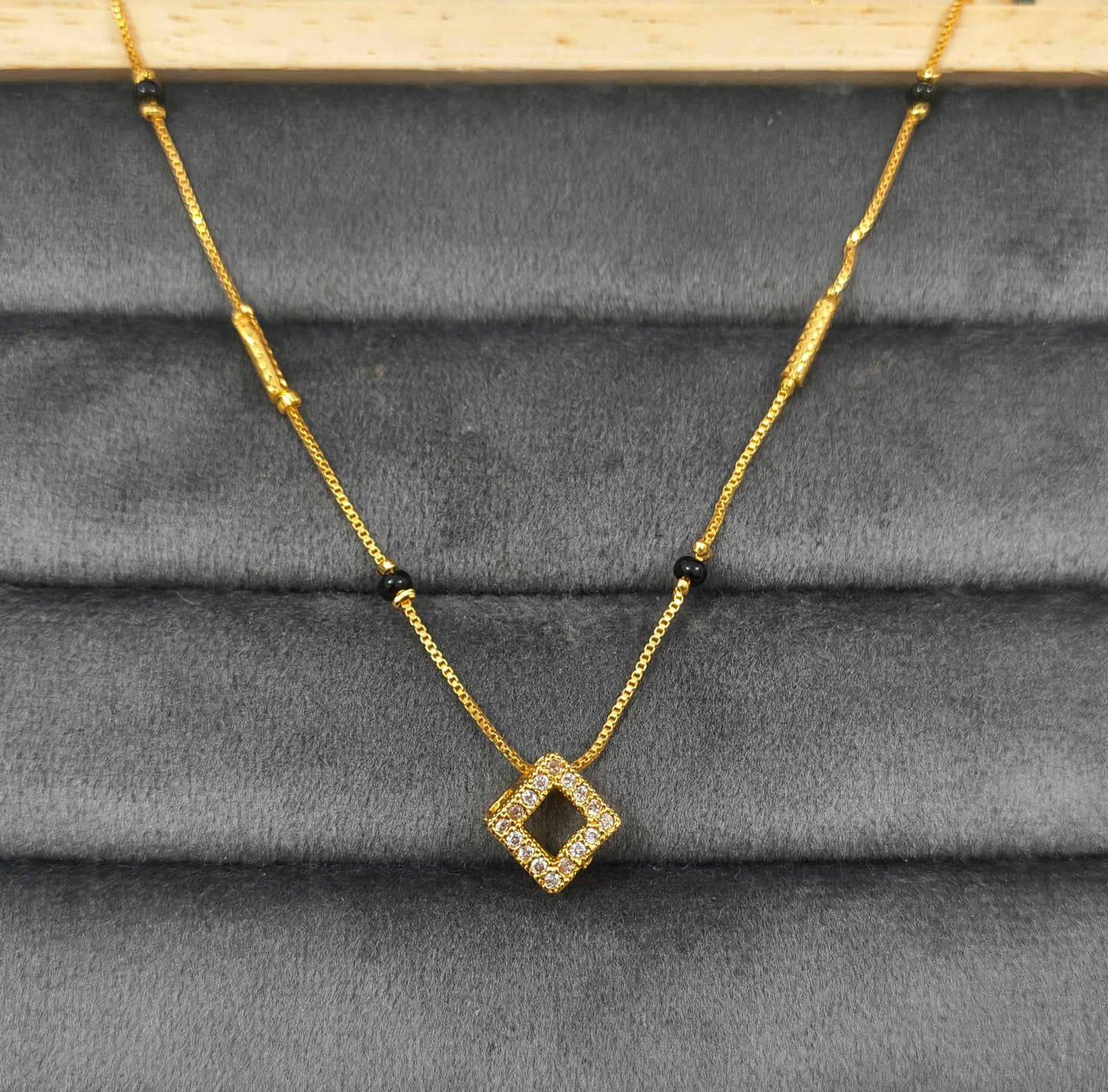 Daily Wear Black Beaded Hollow Square AD Pendant Mangalsutra