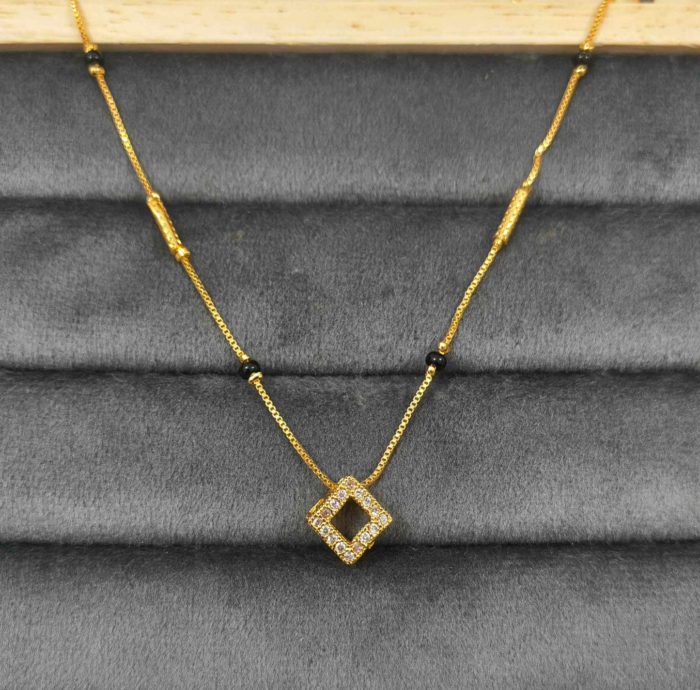 Daily Wear Black Beaded Hollow Square AD Pendant Mangalsutra