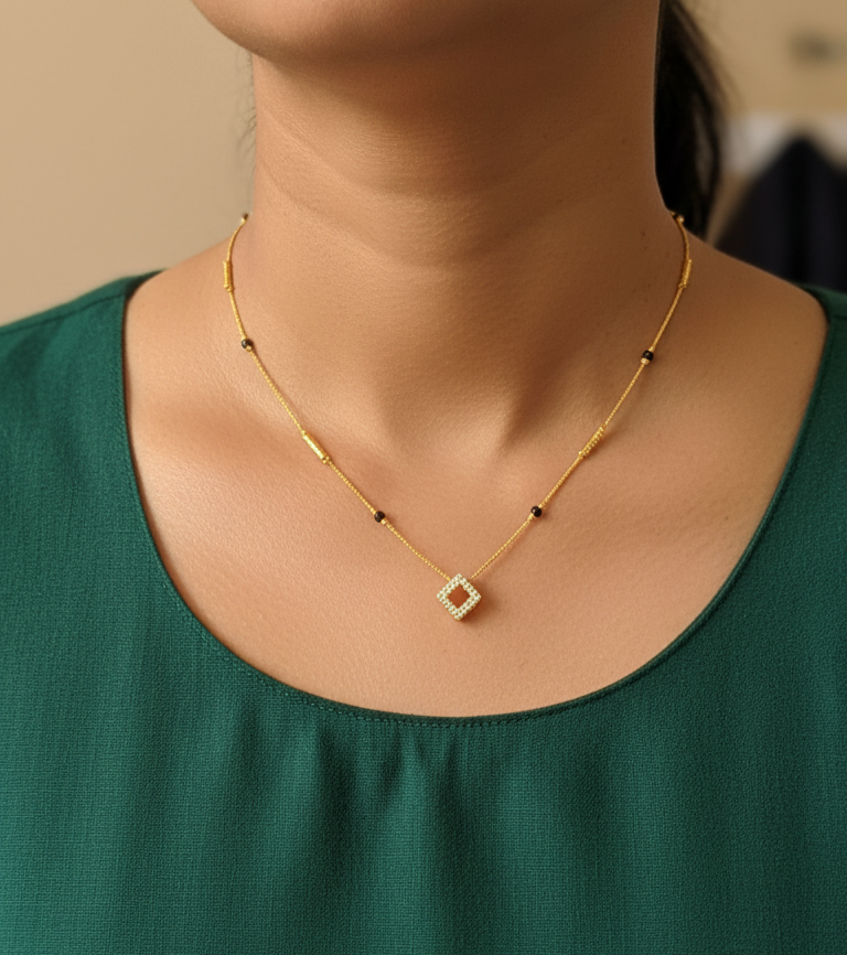 Daily Wear Black Beaded Hollow Square AD Pendant Mangalsutra