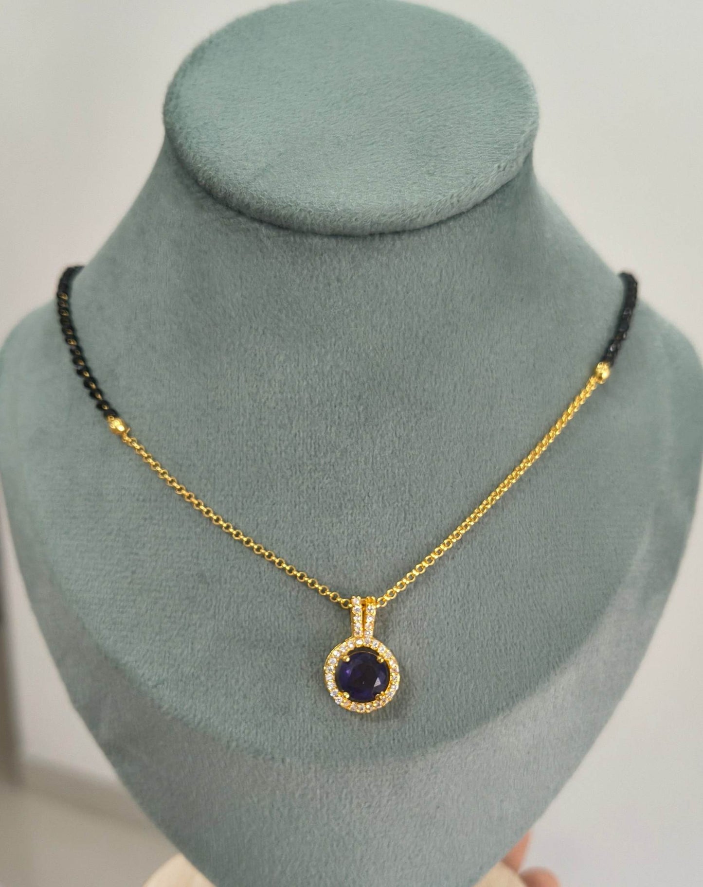 Daily Wear Black Beaded Purple Stone Pendant Mangalsutra