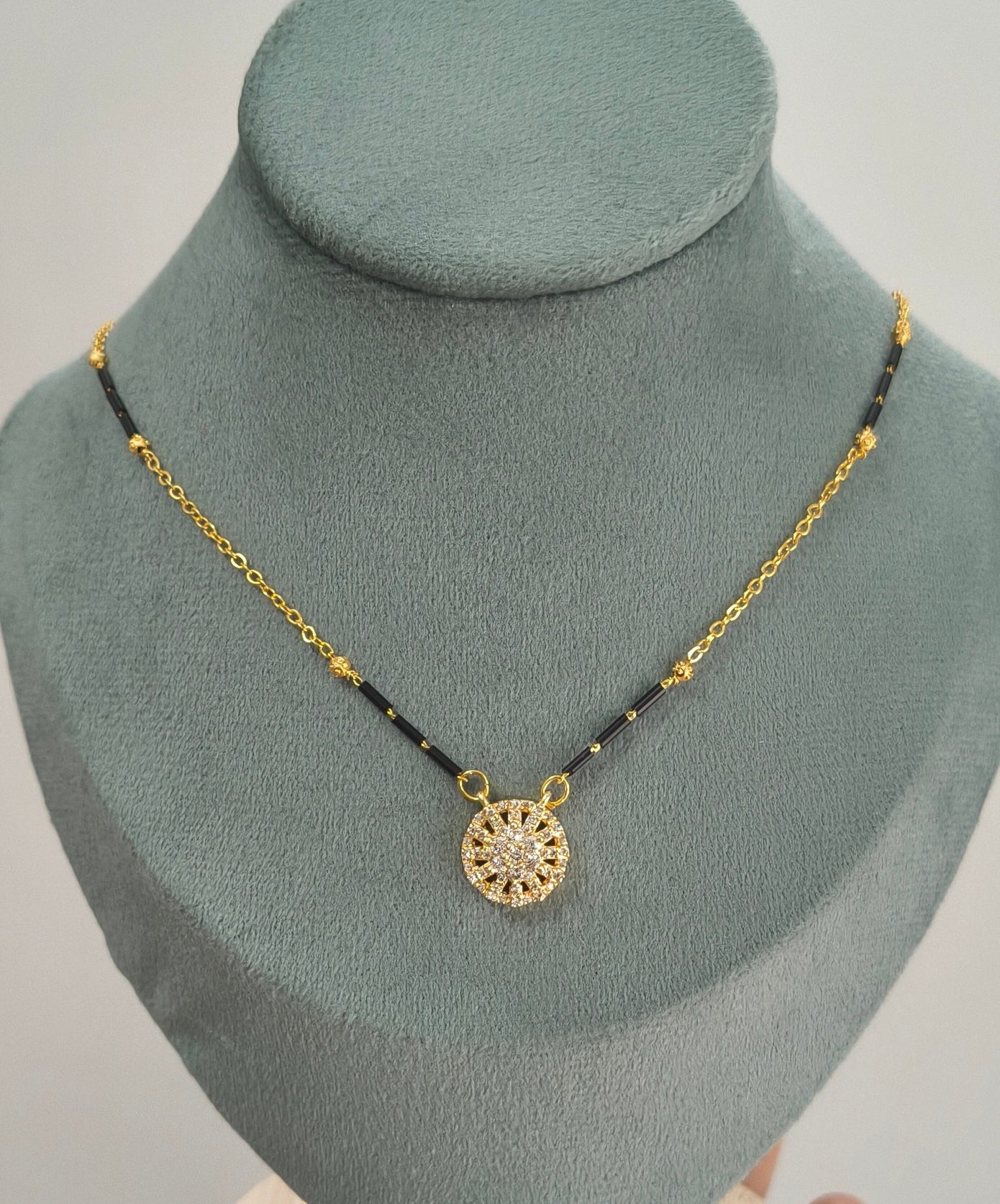 Daily Wear Black Beaded Stylish Diamond Round Pendant Mangalsutra