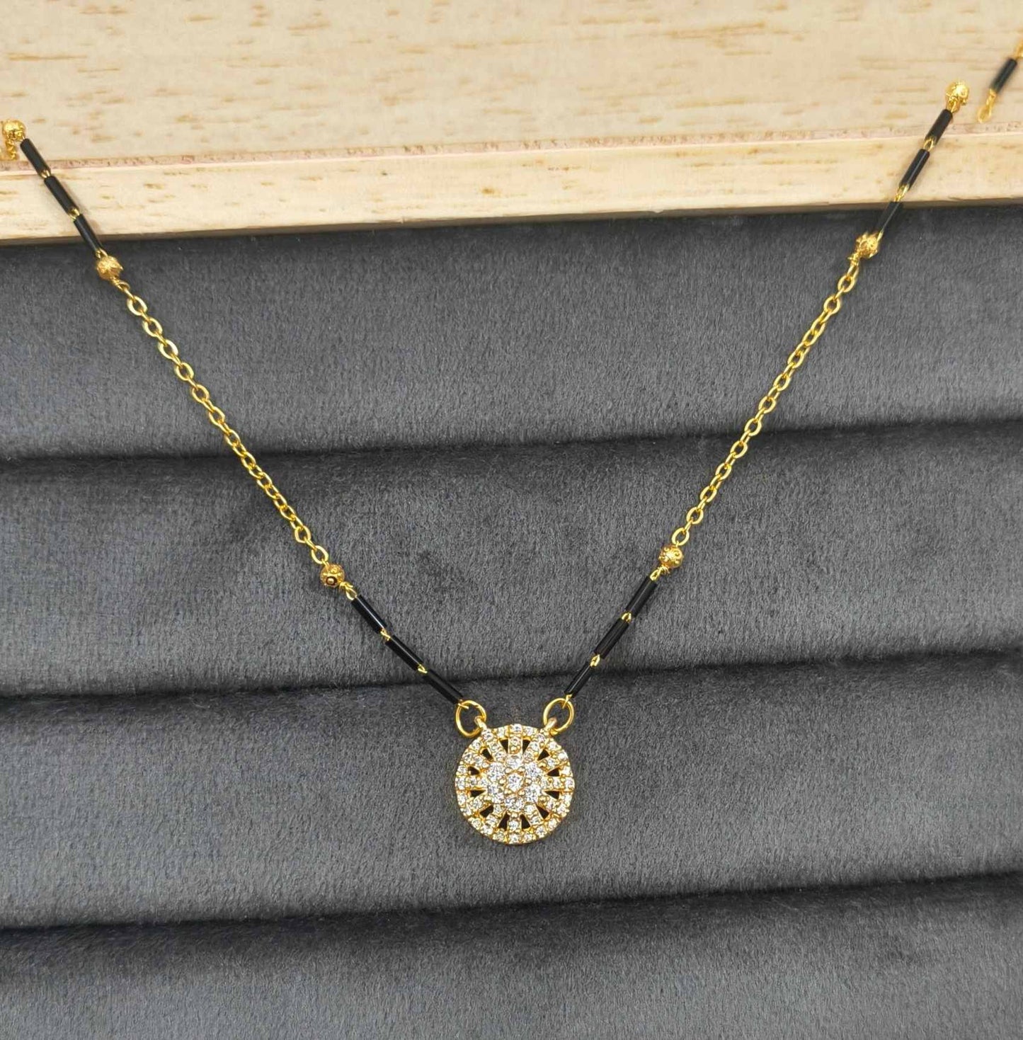 Daily Wear Black Beaded Stylish Diamond Round Pendant Mangalsutra