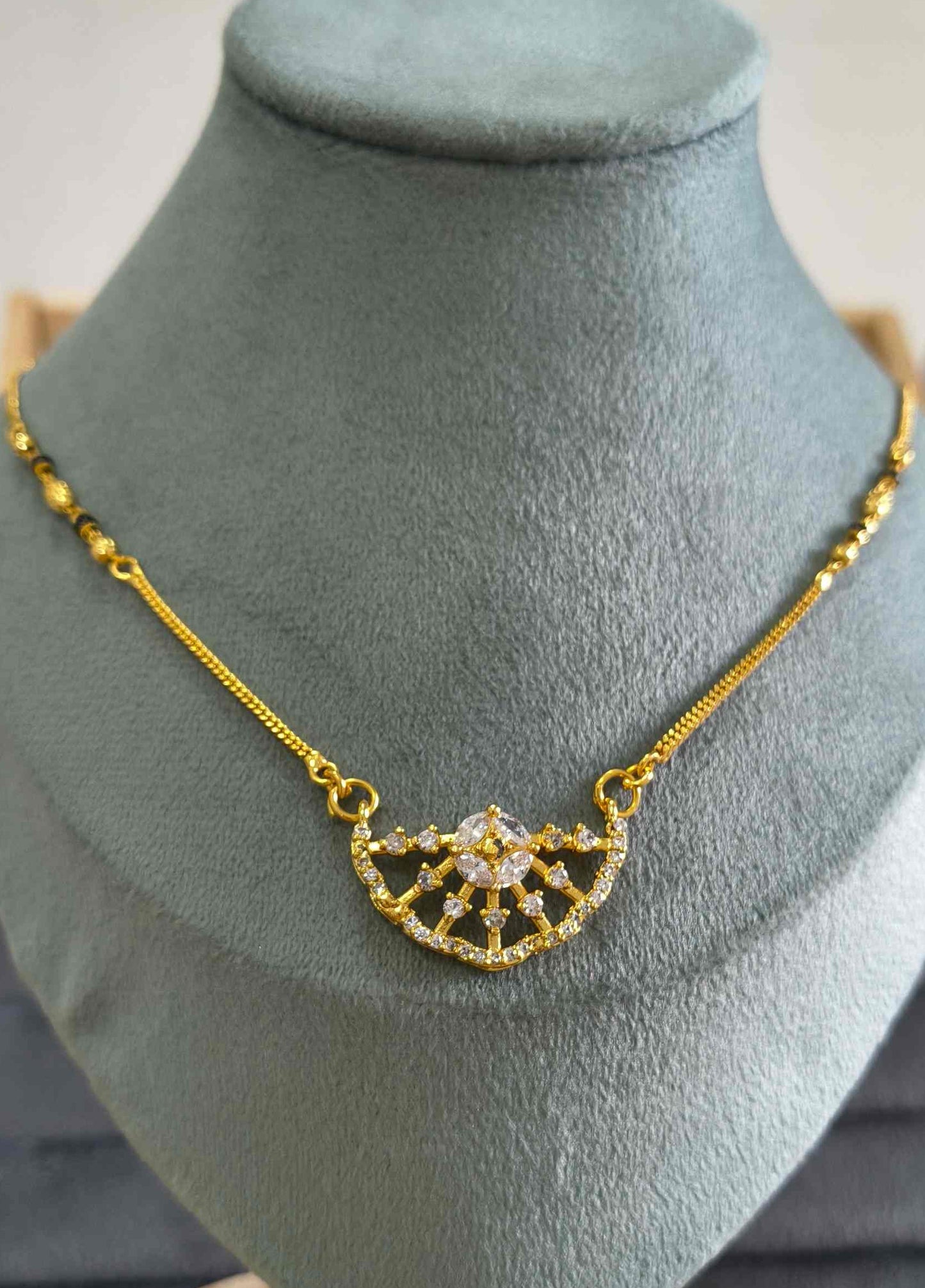 Daily Wear Mangalsutra Black Beaded AD Crown Pendant