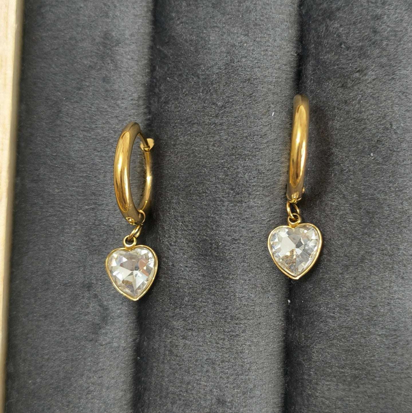 Dainty Diamond Heart Dangler Earrings 18K Gold Plated