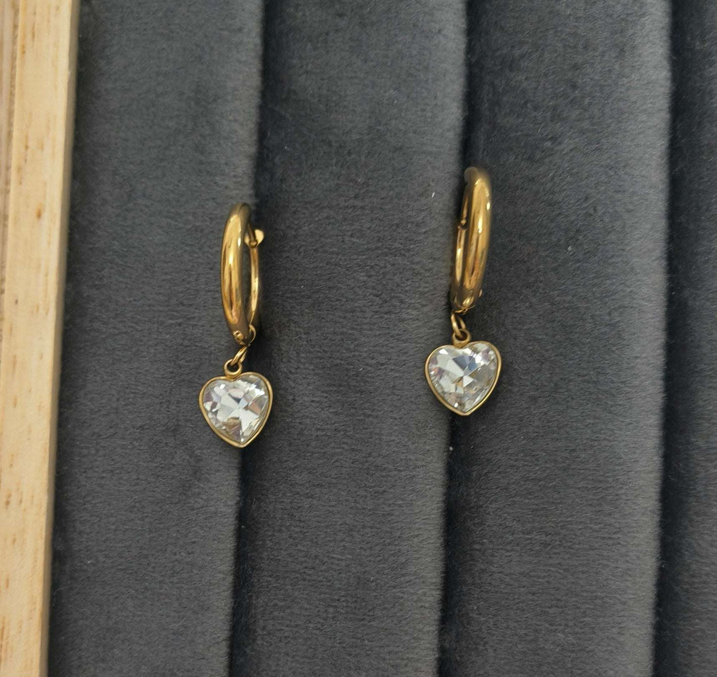 Dainty Diamond Heart Dangler Earrings 18K Gold Plated