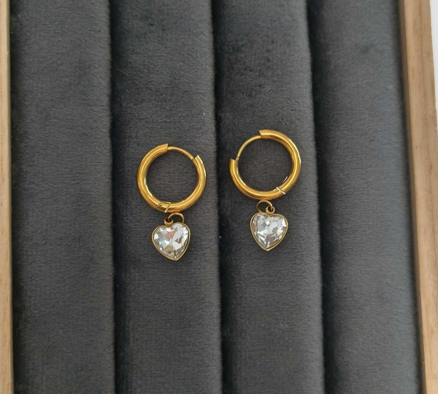 Dainty Diamond Heart Dangler Earrings 18K Gold Plated