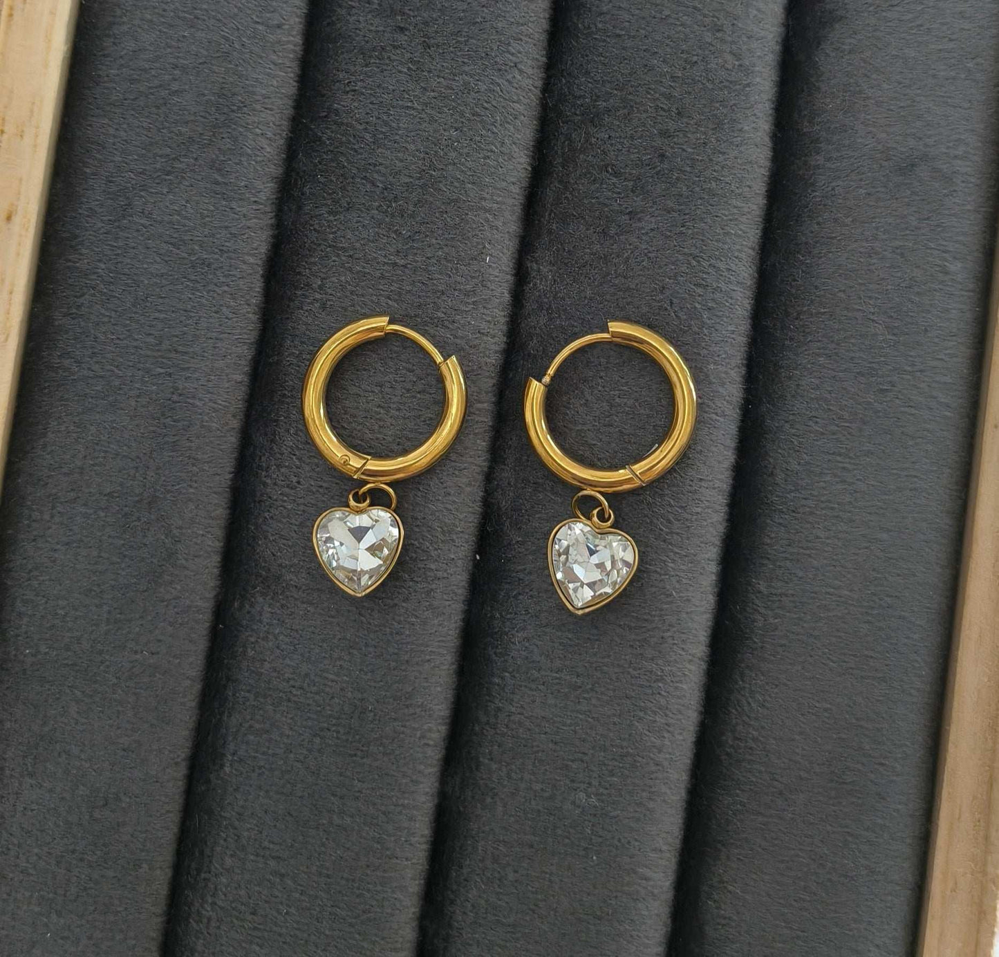 Dainty Diamond Heart Dangler Earrings 18K Gold Plated