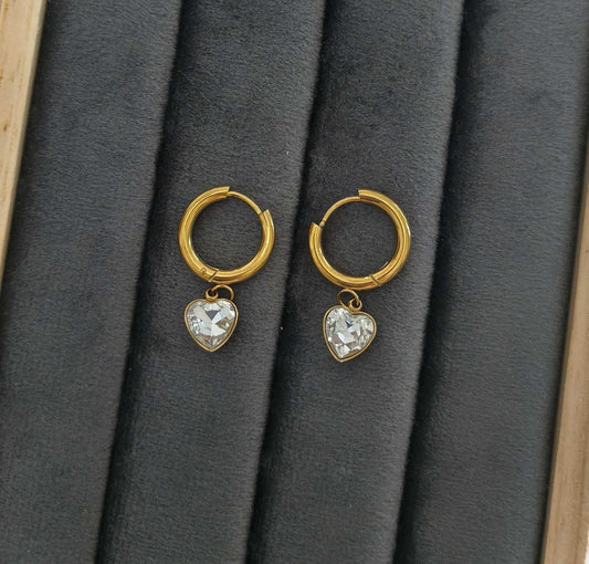Dainty Diamond Heart Dangler Earrings 18K Gold Plated